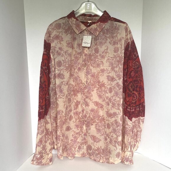 Free People Rose Bud Paisley Cotton Oversized Boho Blouse Red Cream Lightweight - Picture 6 of 14